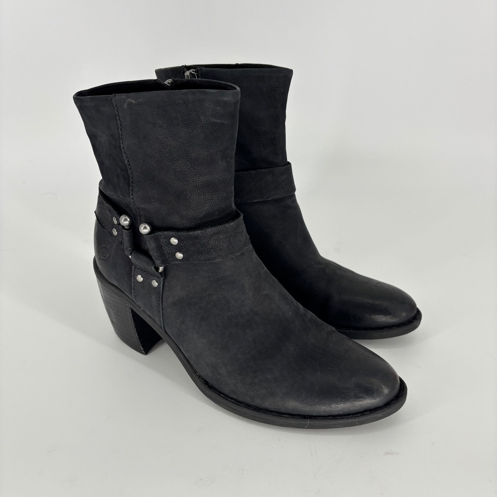 Born Dakota Ankle Boots Black Women Size 8.5 Leather Harness Block Heel